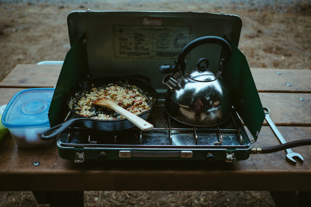 Bacon and eggs on a camp stove travelling down the coast